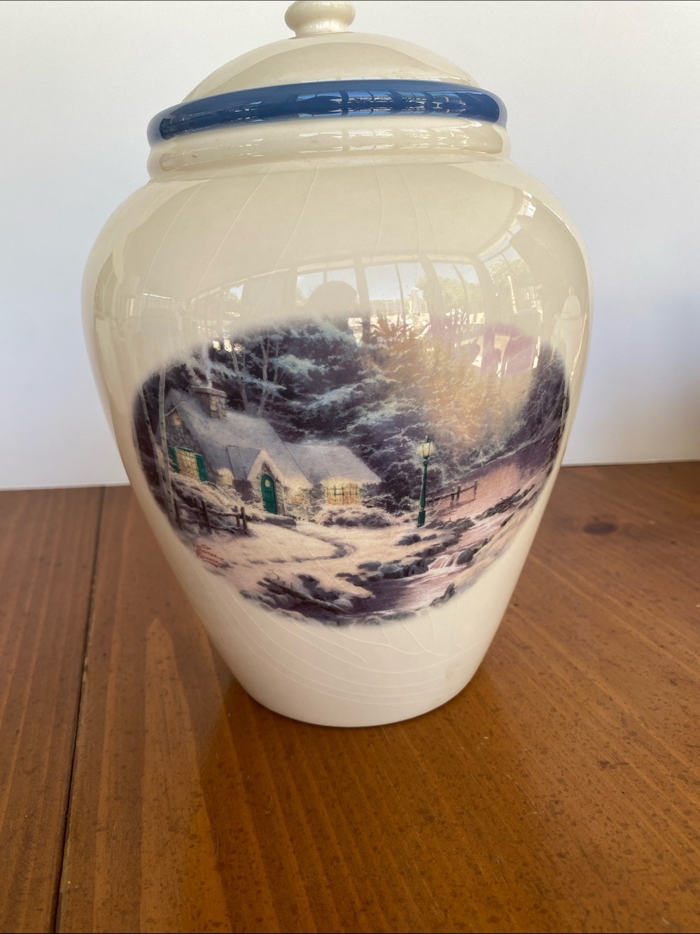 Thomas Kinkade Cream and Blue Ceramic Collector Jar